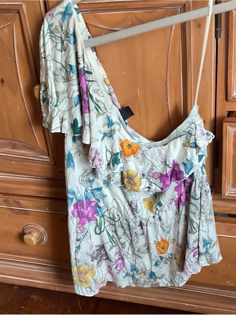 H&M One-Shoulder Floral Ruffle Blouse - White with Purple & Yellow Flowers
